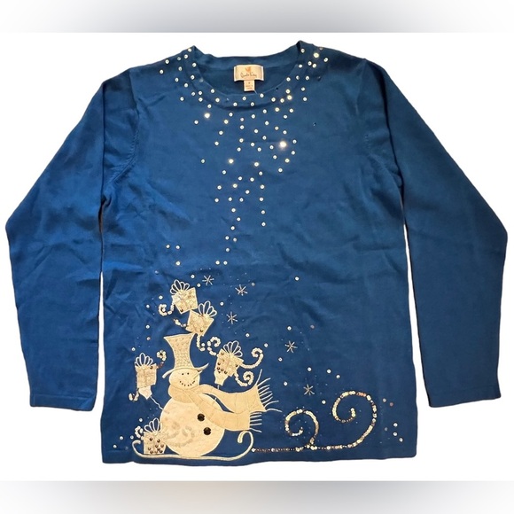 Quacker Factory Blue Pullover Sweater Snowman Beaded Embroidered Small‎ D-69 - Picture 1 of 10